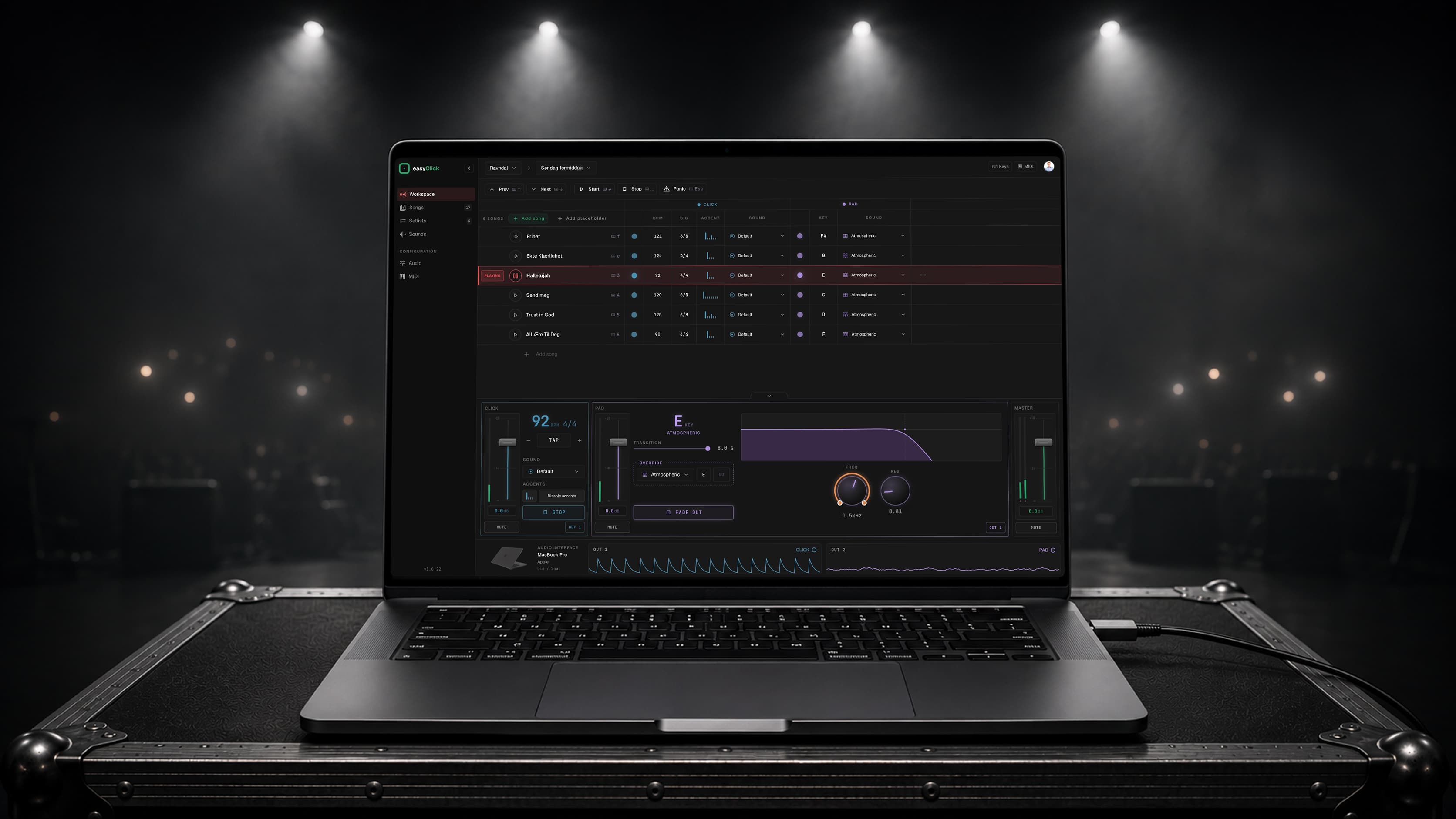 sustain running on a laptop at the side of a stage, backing pads routed to front of house